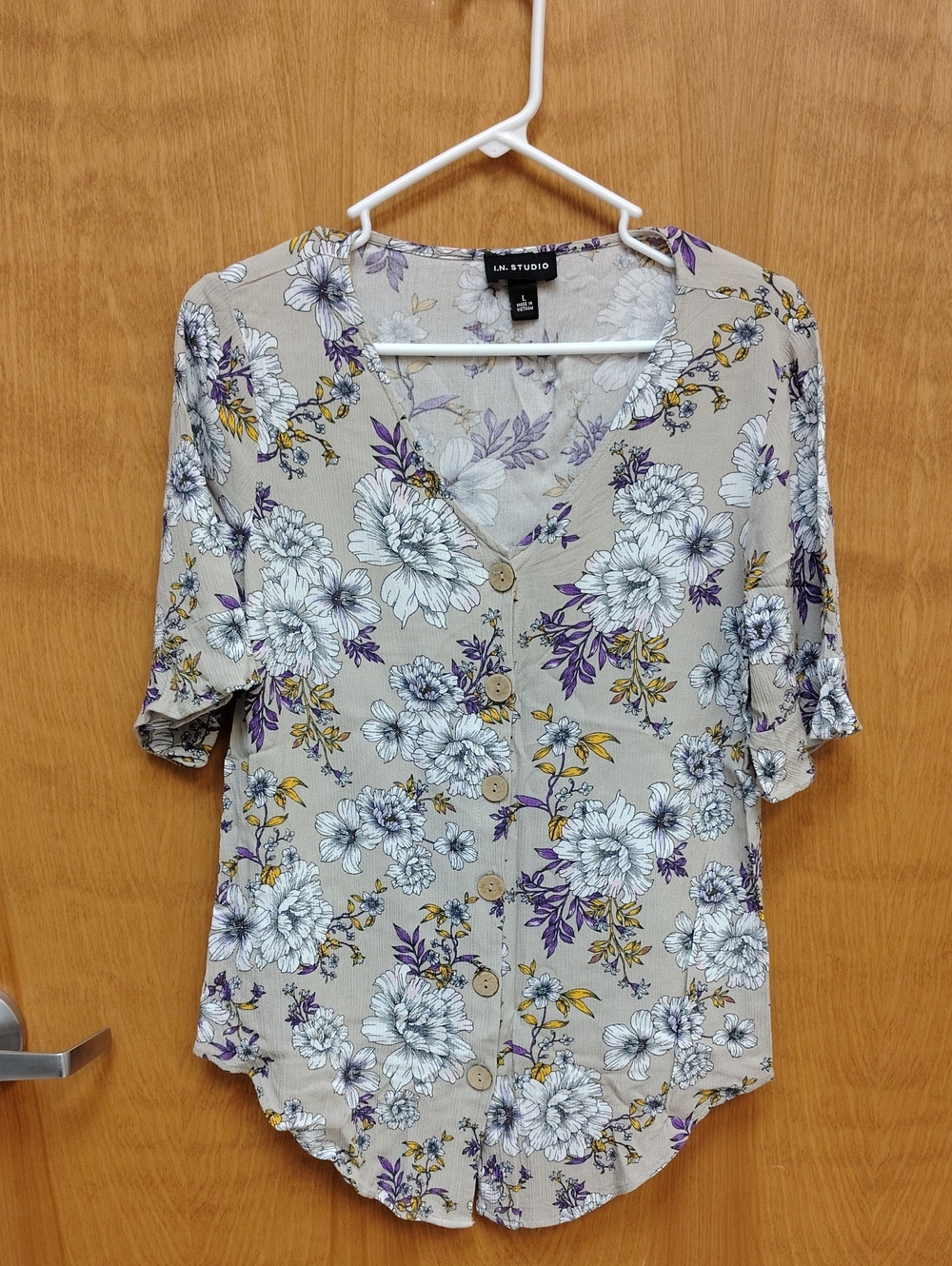 I.N. Studio Beige Floral Button-Down Top